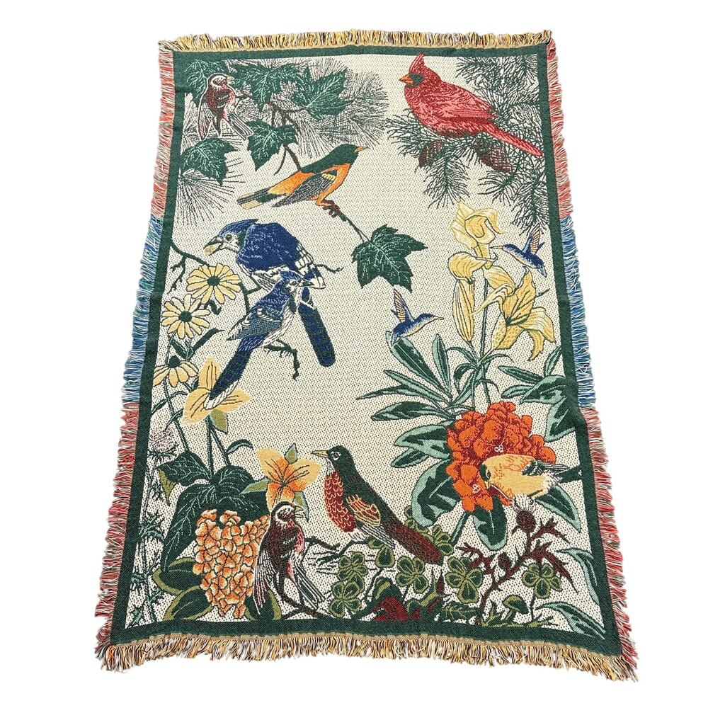 Vintage Nature Bird & Flower Woven Tapestry Throw Blanket Fringed 46" x 68"